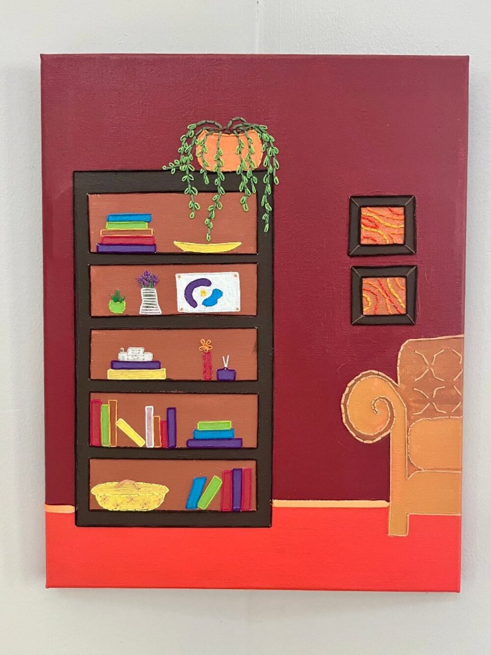 Handmade Embroidered Mixed Media Canvas Wall Art – Bookshelf & Living Room Scene